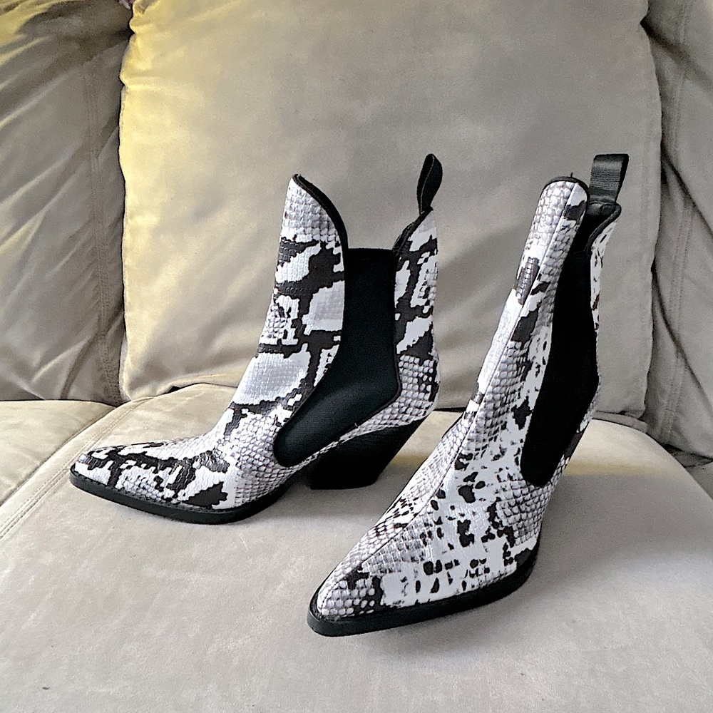 Black and White Snake Print Ankle Boots by Zara Tafta